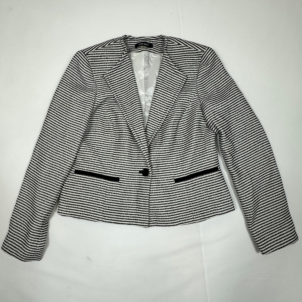 Nine West Womens Black White Striped Collarless Blazer Jacket Size 6 Velvet Trim